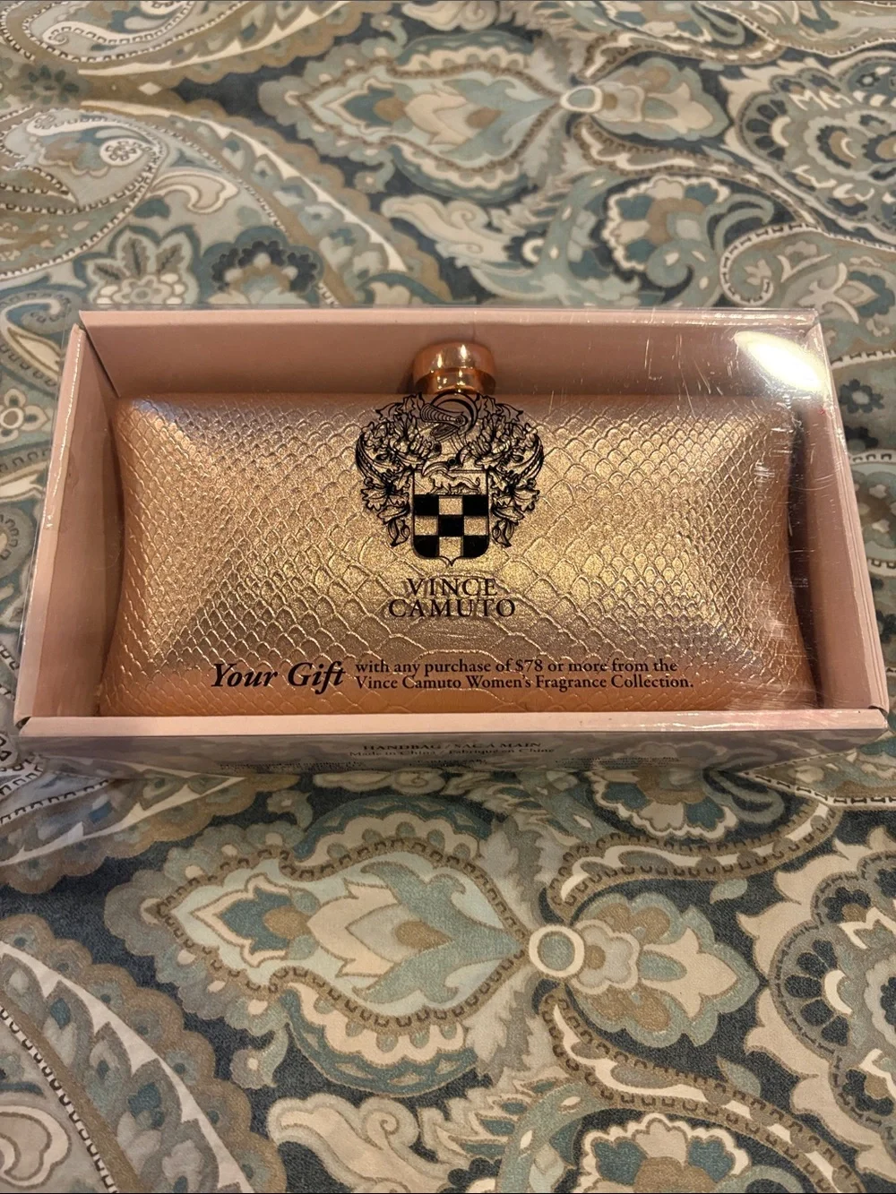 Vince Camuto Metallic Rose Gold Snake-Embossed Clutch